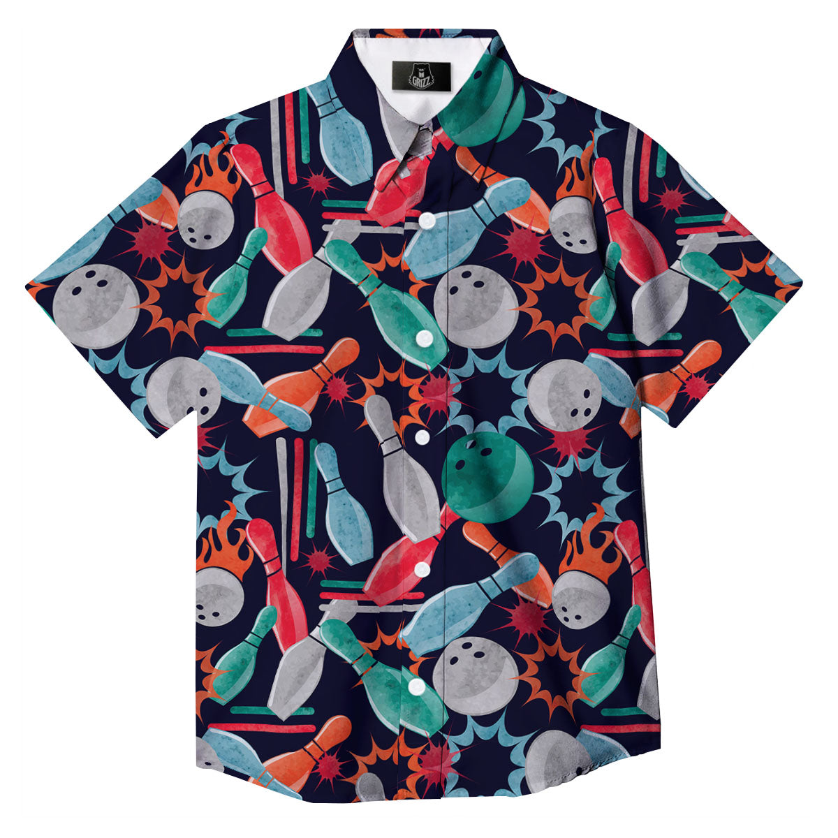 Bowling Theme Watercolor Print Pattern Button Up Shirt-grizzshop