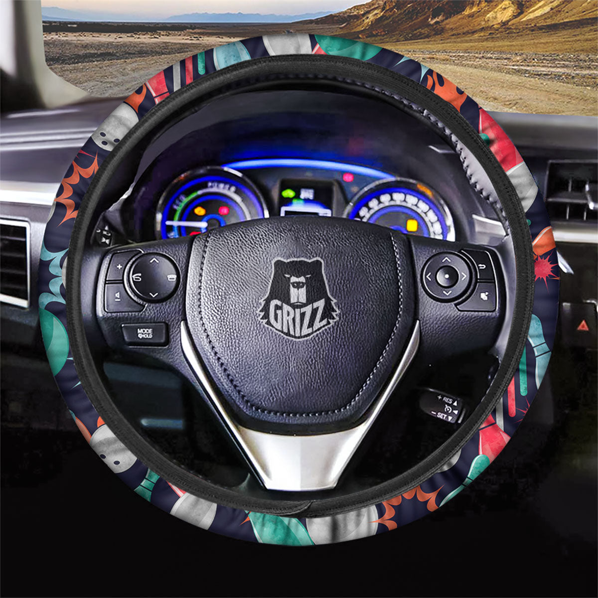 Bowling Theme Watercolor Print Pattern Car Steering Wheel Cover-grizzshop