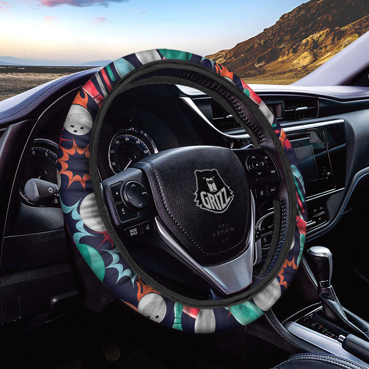 Bowling Theme Watercolor Print Pattern Car Steering Wheel Cover-grizzshop