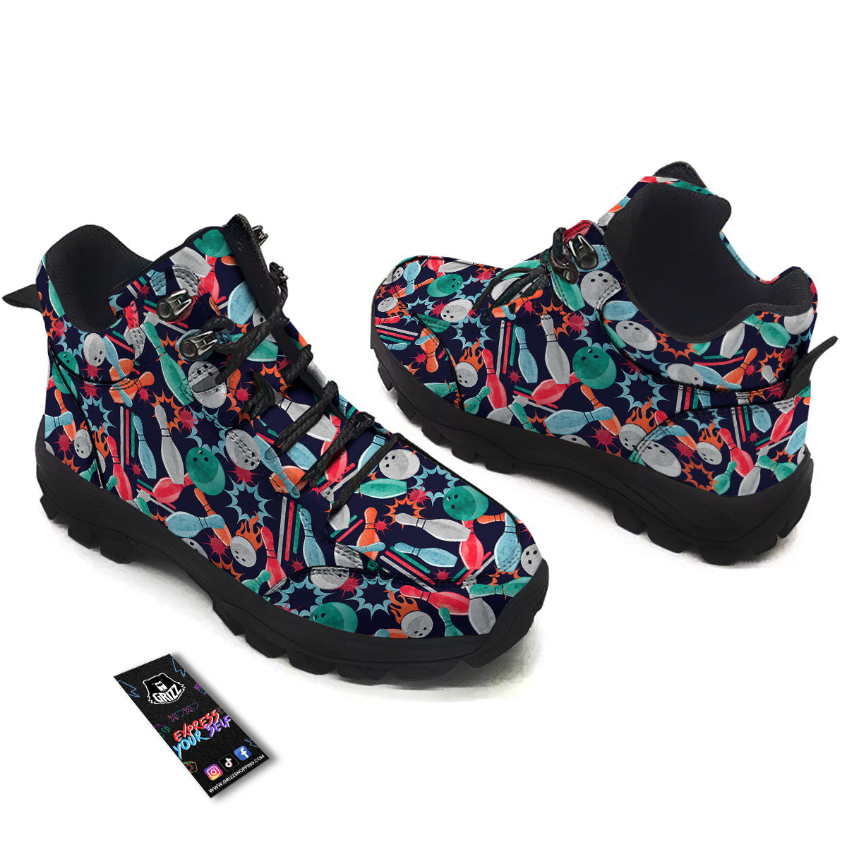 Bowling Theme Watercolor Print Pattern Hiking Shoes-grizzshop