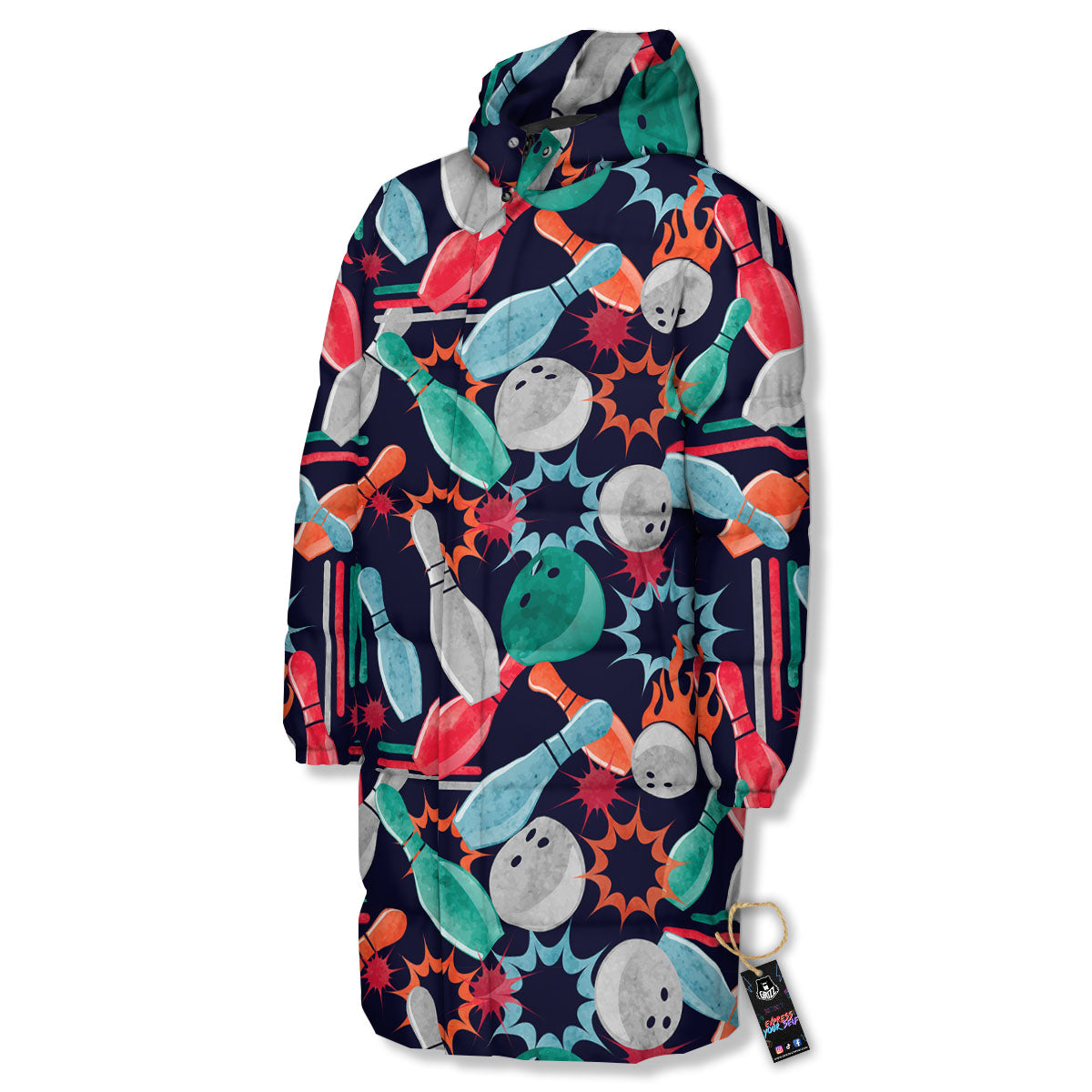 Bowling Theme Watercolor Print Pattern Long Down Jacket-grizzshop