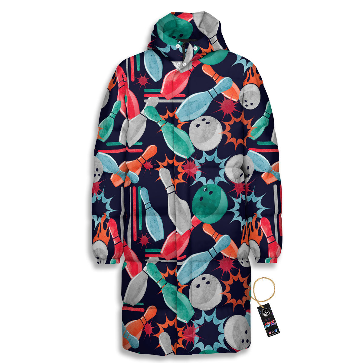 Bowling Theme Watercolor Print Pattern Long Down Jacket-grizzshop