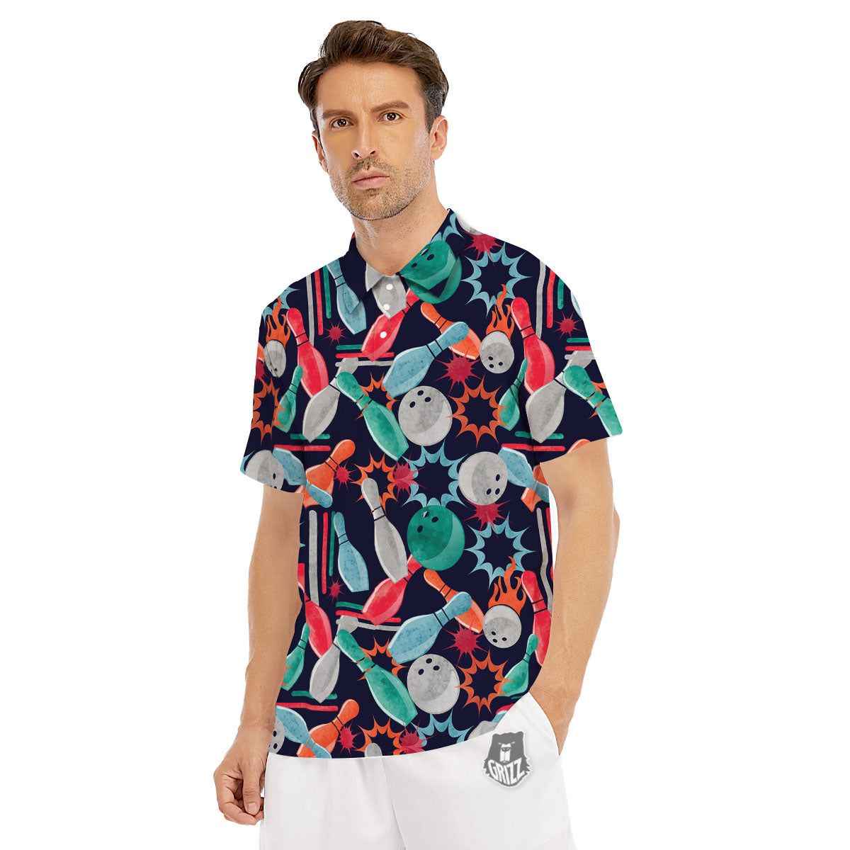 Bowling Theme Watercolor Print Pattern Men's Golf Shirts-grizzshop