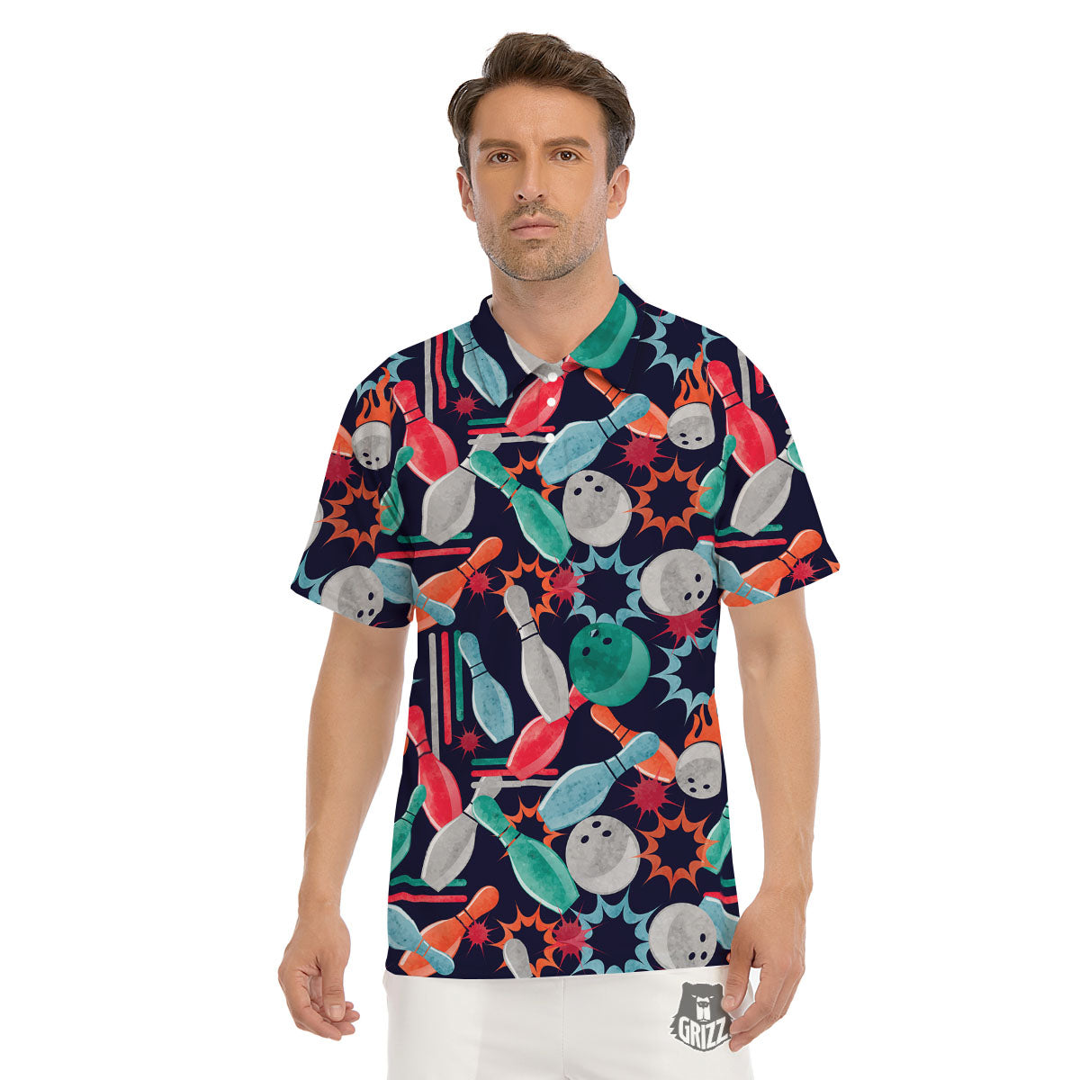 Bowling Theme Watercolor Print Pattern Men's Golf Shirts-grizzshop