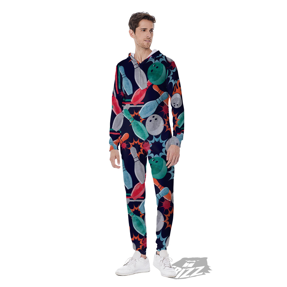 Bowling Theme Watercolor Print Pattern Men's Jumpsuit-grizzshop