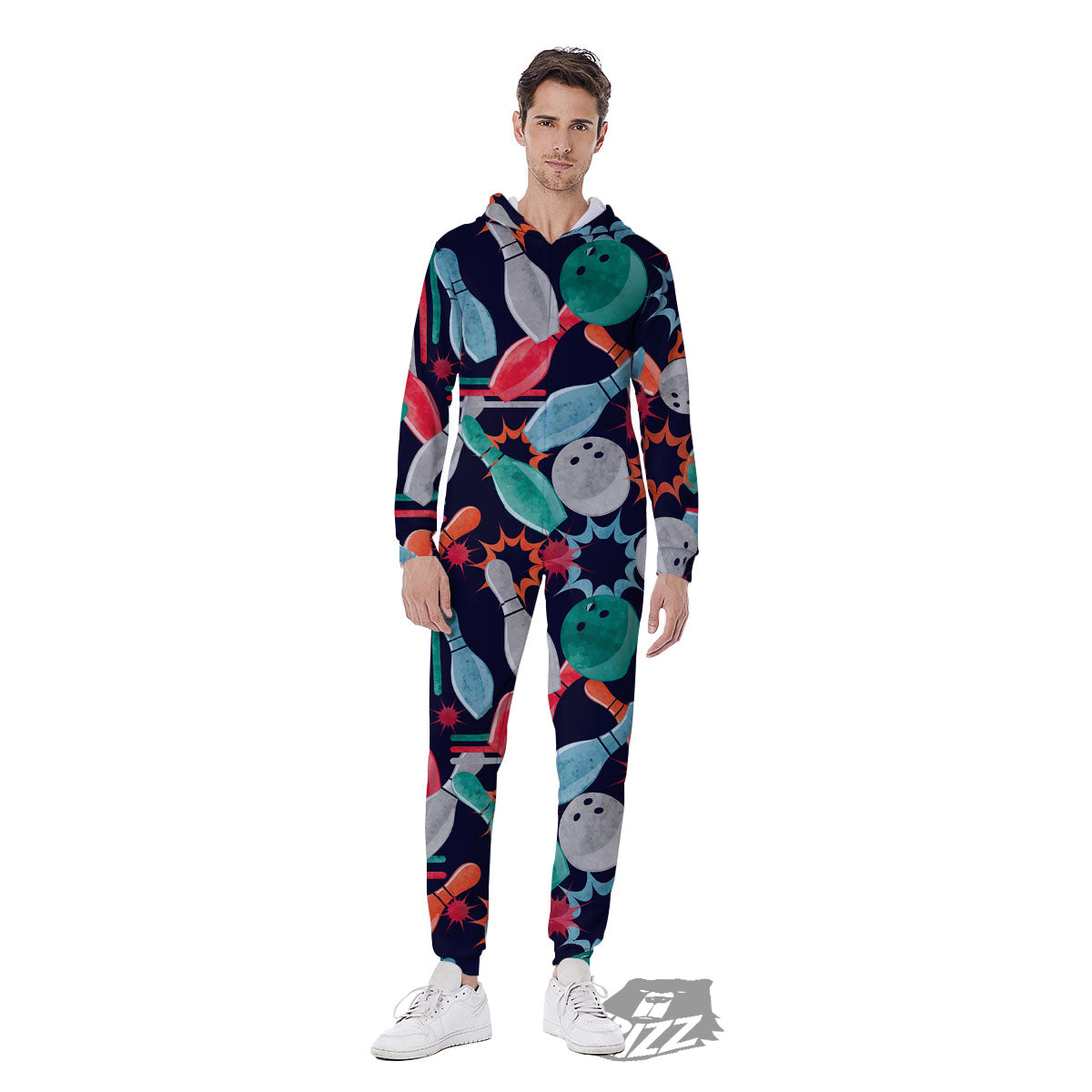 Bowling Theme Watercolor Print Pattern Men's Jumpsuit-grizzshop
