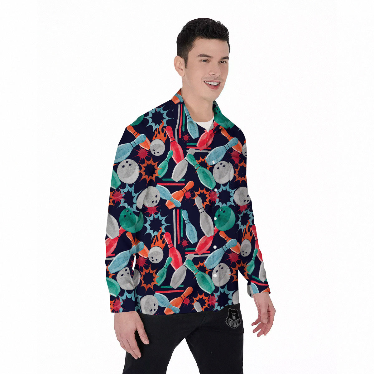 Bowling Theme Watercolor Print Pattern Men's Long Sleeve Shirts-grizzshop