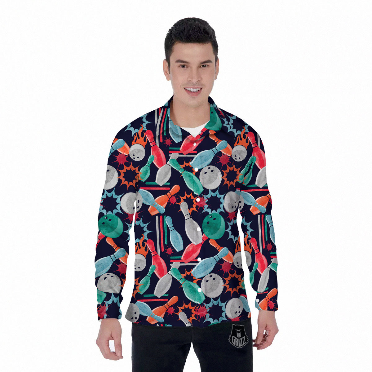 Bowling Theme Watercolor Print Pattern Men's Long Sleeve Shirts-grizzshop