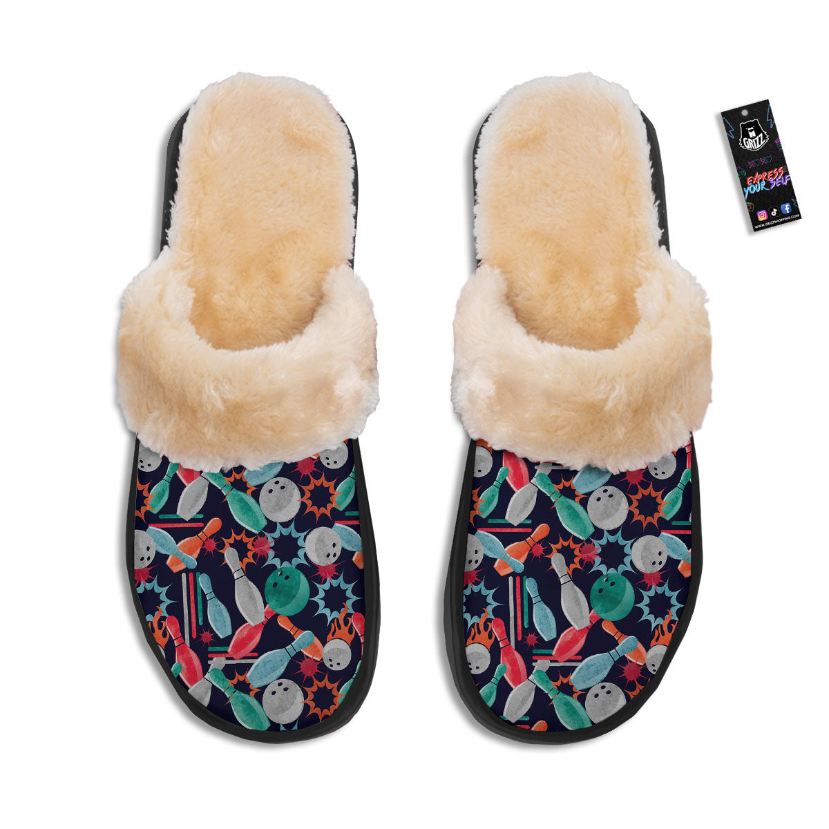 Bowling Theme Watercolor Print Pattern Slippers-grizzshop