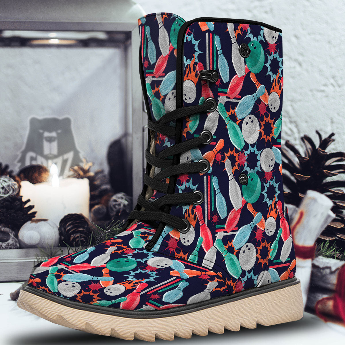 Bowling Theme Watercolor Print Pattern Snow Boots-grizzshop