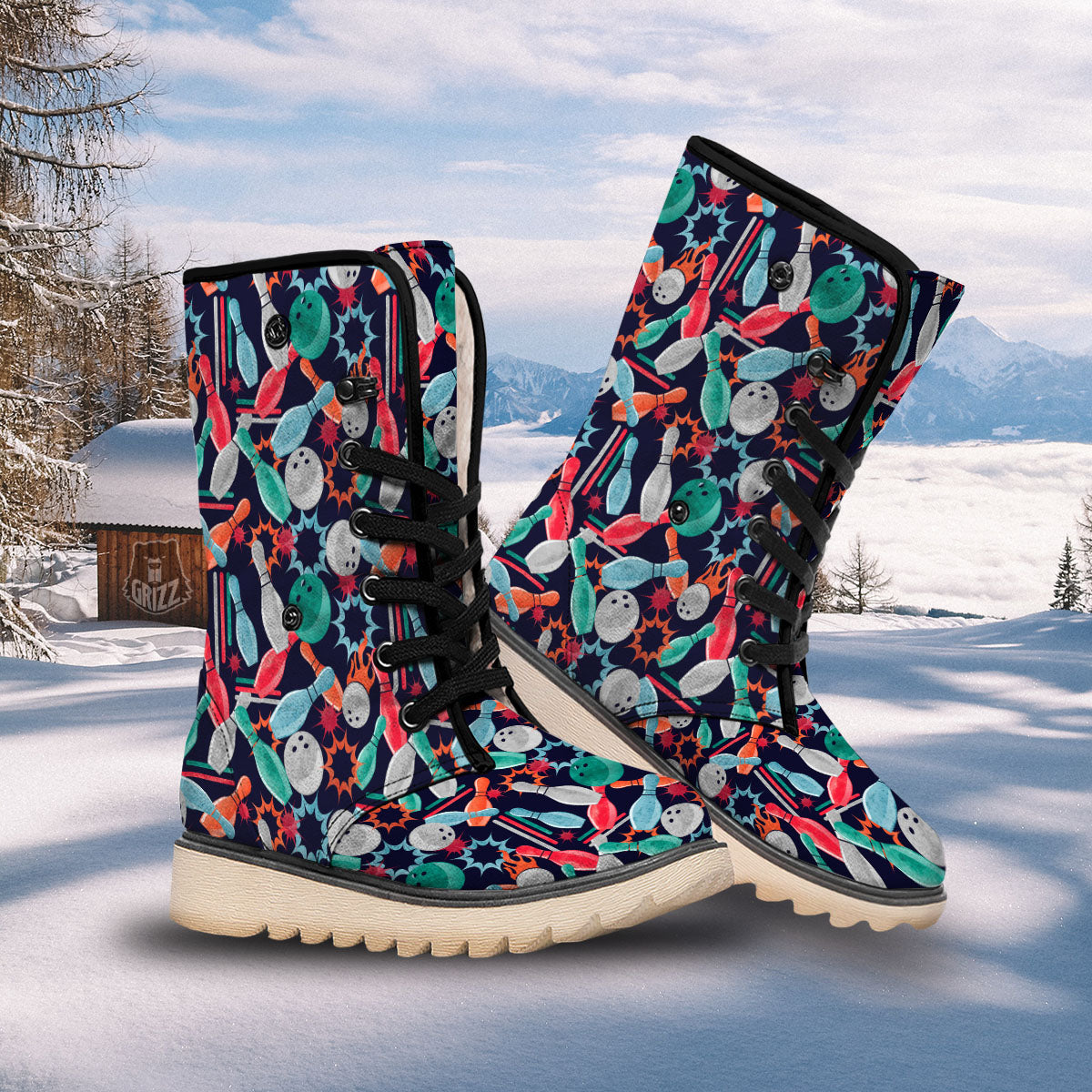 Bowling Theme Watercolor Print Pattern Snow Boots-grizzshop