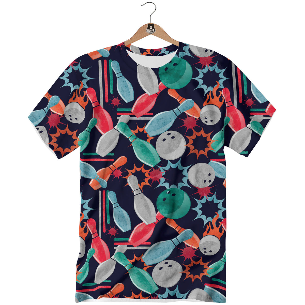 Bowling Theme Watercolor Print Pattern T-Shirt-grizzshop