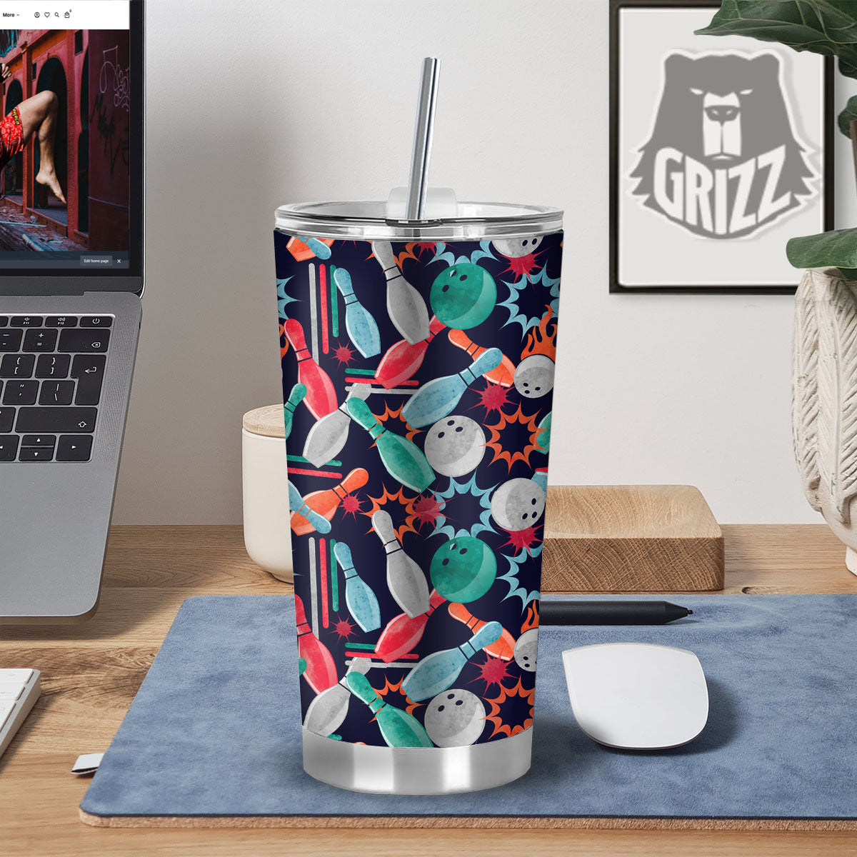 Bowling Theme Watercolor Print Pattern Tumbler-grizzshop