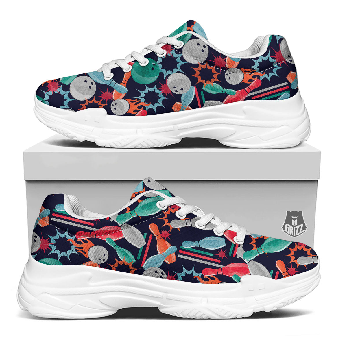 Bowling Theme Watercolor Print Pattern White Chunky Shoes-grizzshop