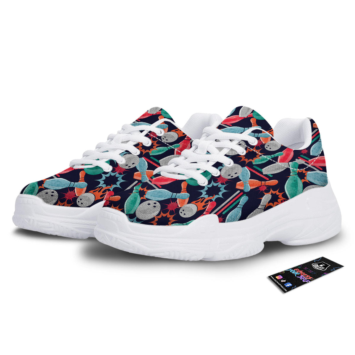 Bowling Theme Watercolor Print Pattern White Chunky Shoes-grizzshop