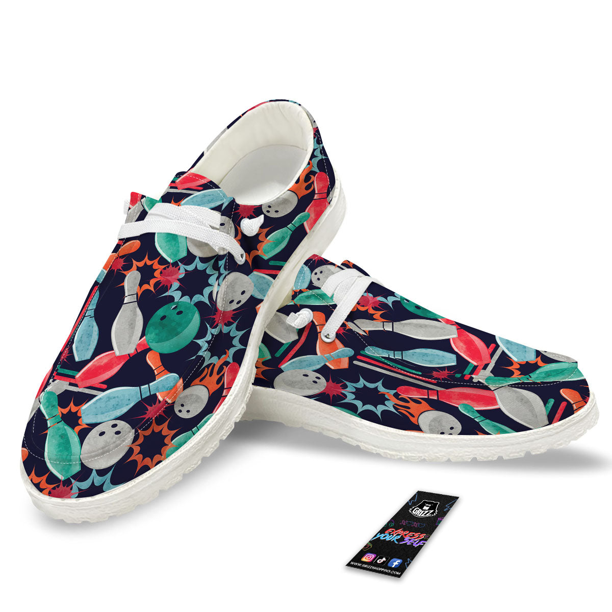 Bowling Theme Watercolor Print Pattern White Loafers-grizzshop