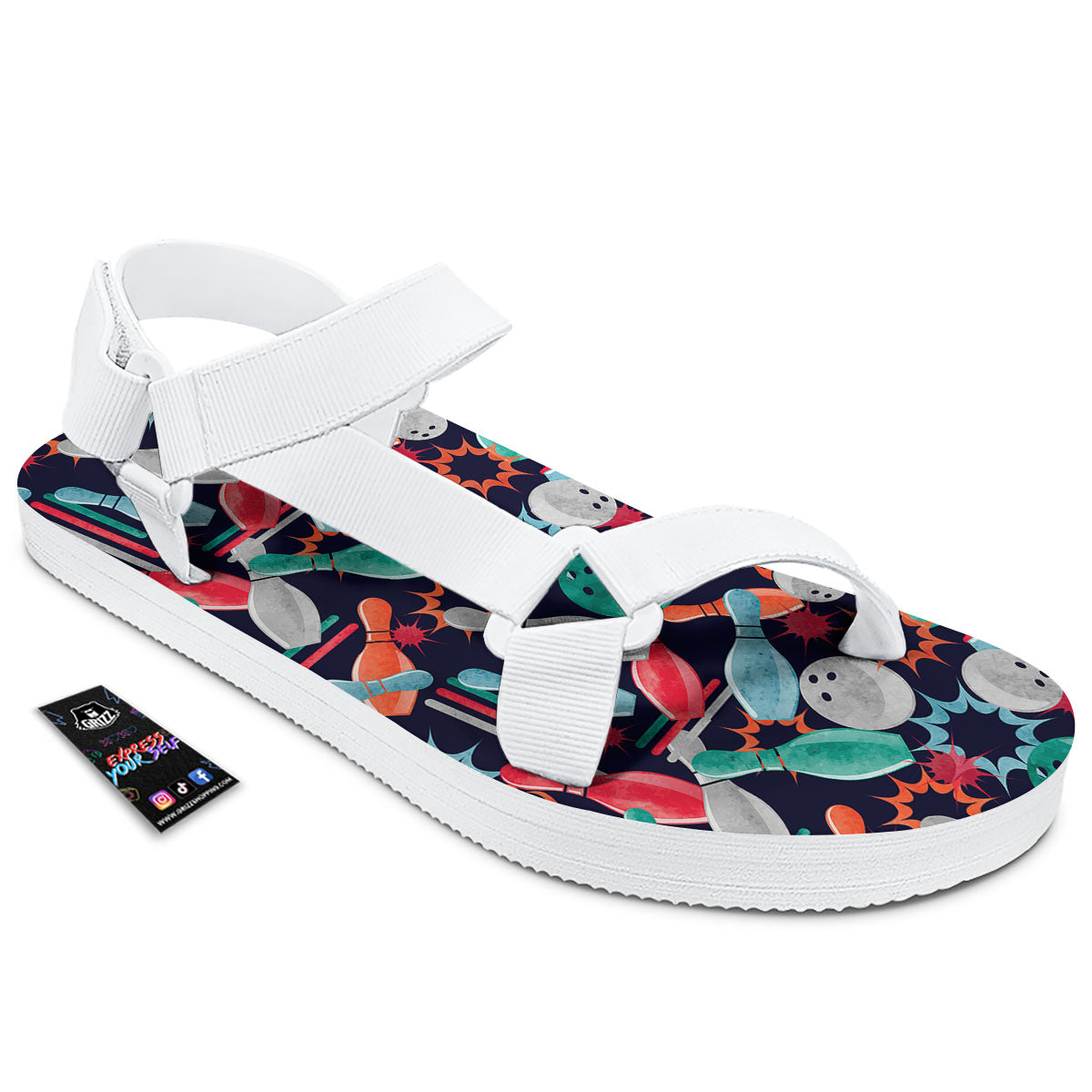 Bowling Theme Watercolor Print Pattern White Open Toe Sandals-grizzshop