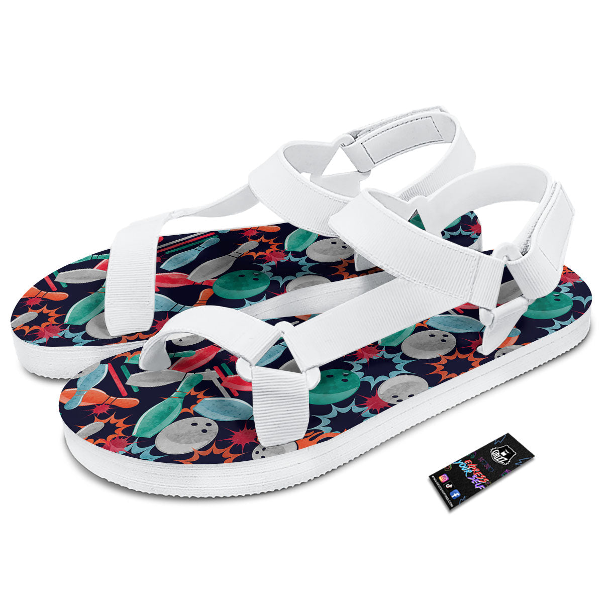 Bowling Theme Watercolor Print Pattern White Open Toe Sandals-grizzshop