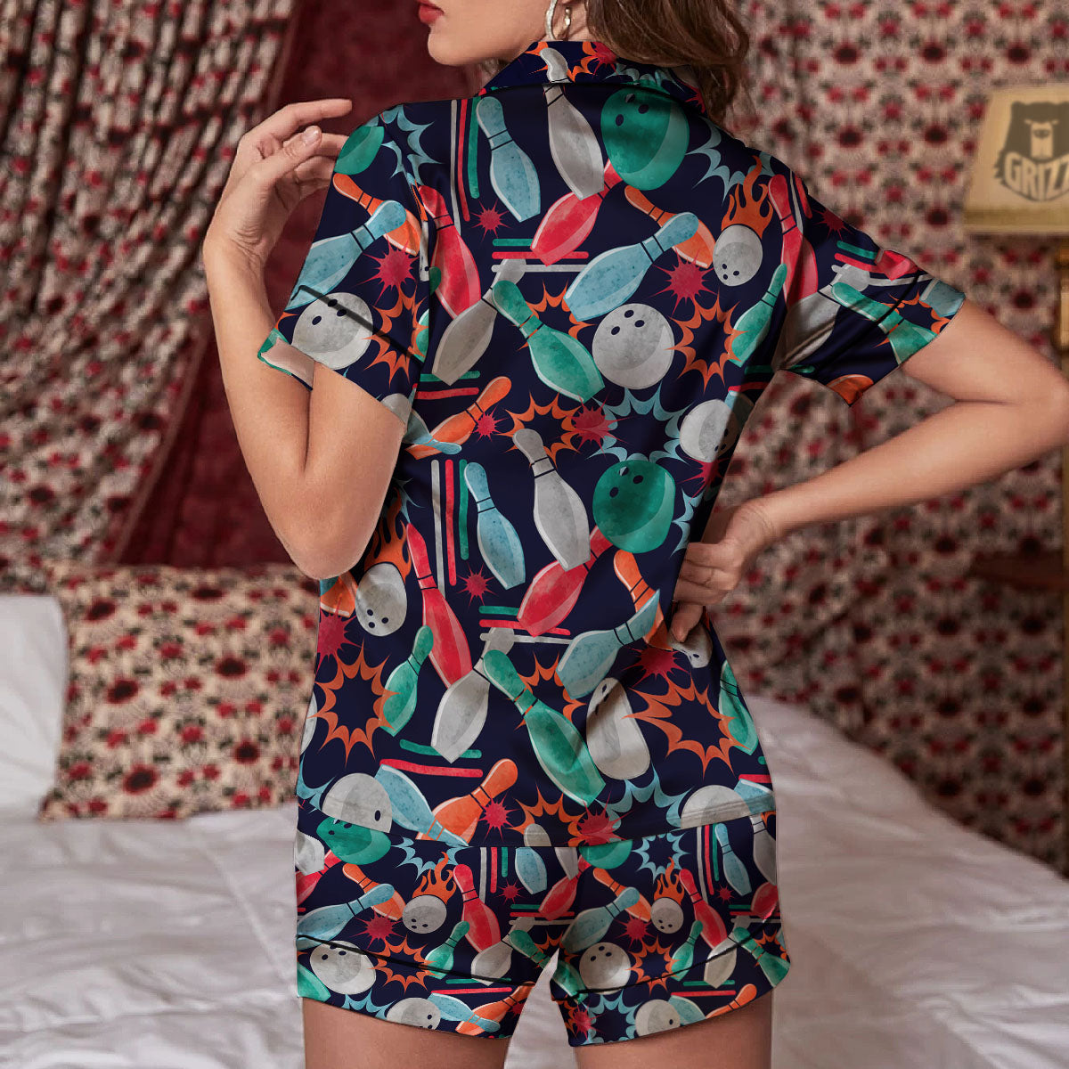 Bowling Theme Watercolor Print Pattern Women Silk Pajamas-grizzshop