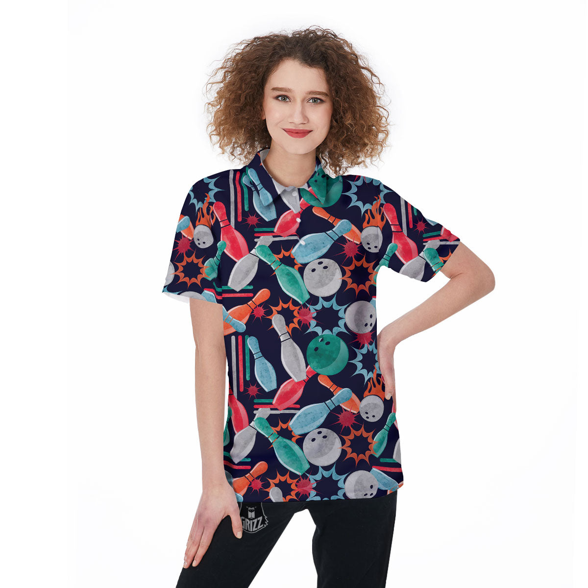 Bowling Theme Watercolor Print Pattern Women's Golf Shirts-grizzshop