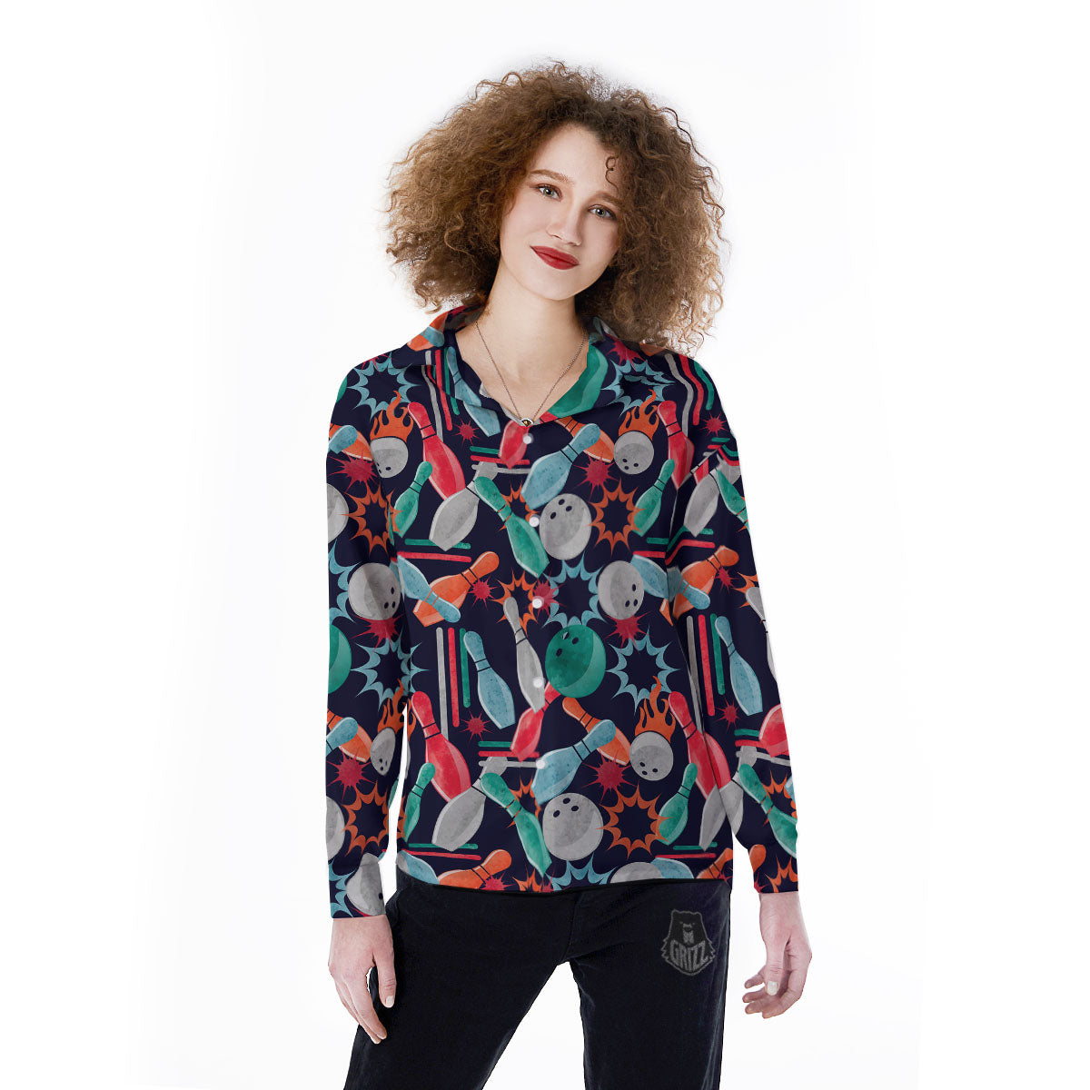 Bowling Theme Watercolor Print Pattern Women's Long Sleeve Shirts-grizzshop