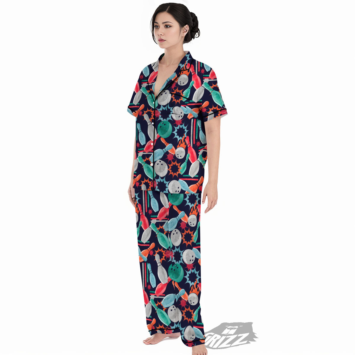 Bowling Theme Watercolor Print Pattern Women's Pajamas Set-grizzshop