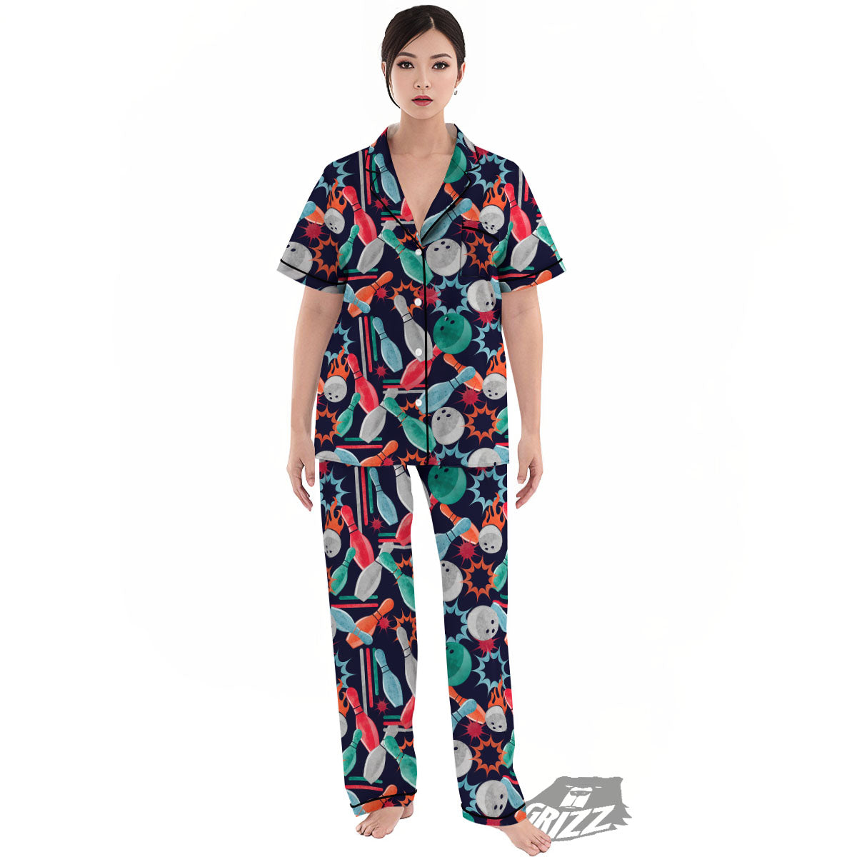 Bowling Theme Watercolor Print Pattern Women's Pajamas Set-grizzshop