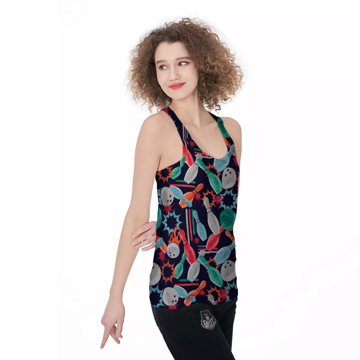 Bowling Theme Watercolor Print Pattern Women's Racerback Tank Top-grizzshop