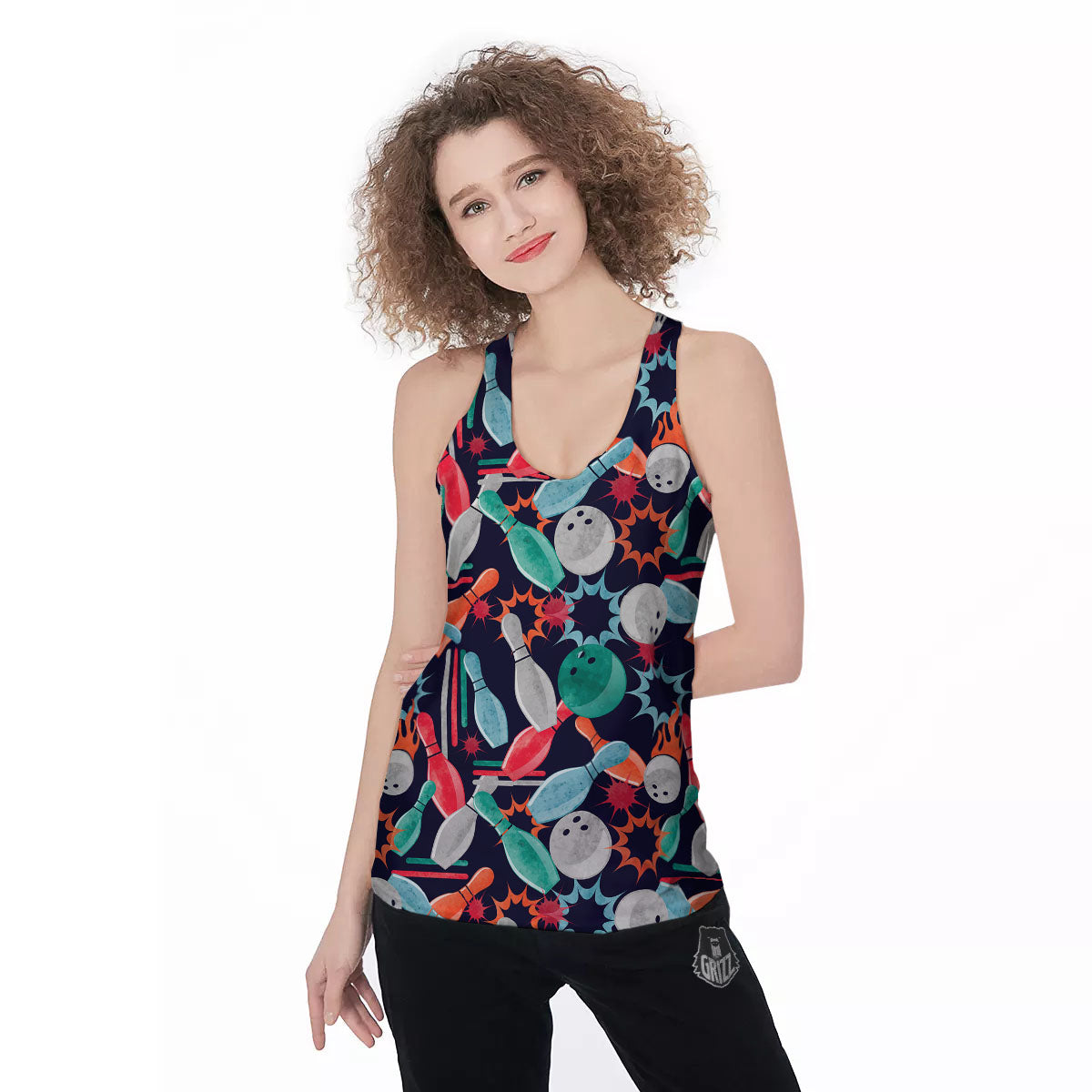 Bowling Theme Watercolor Print Pattern Women's Racerback Tank Top-grizzshop