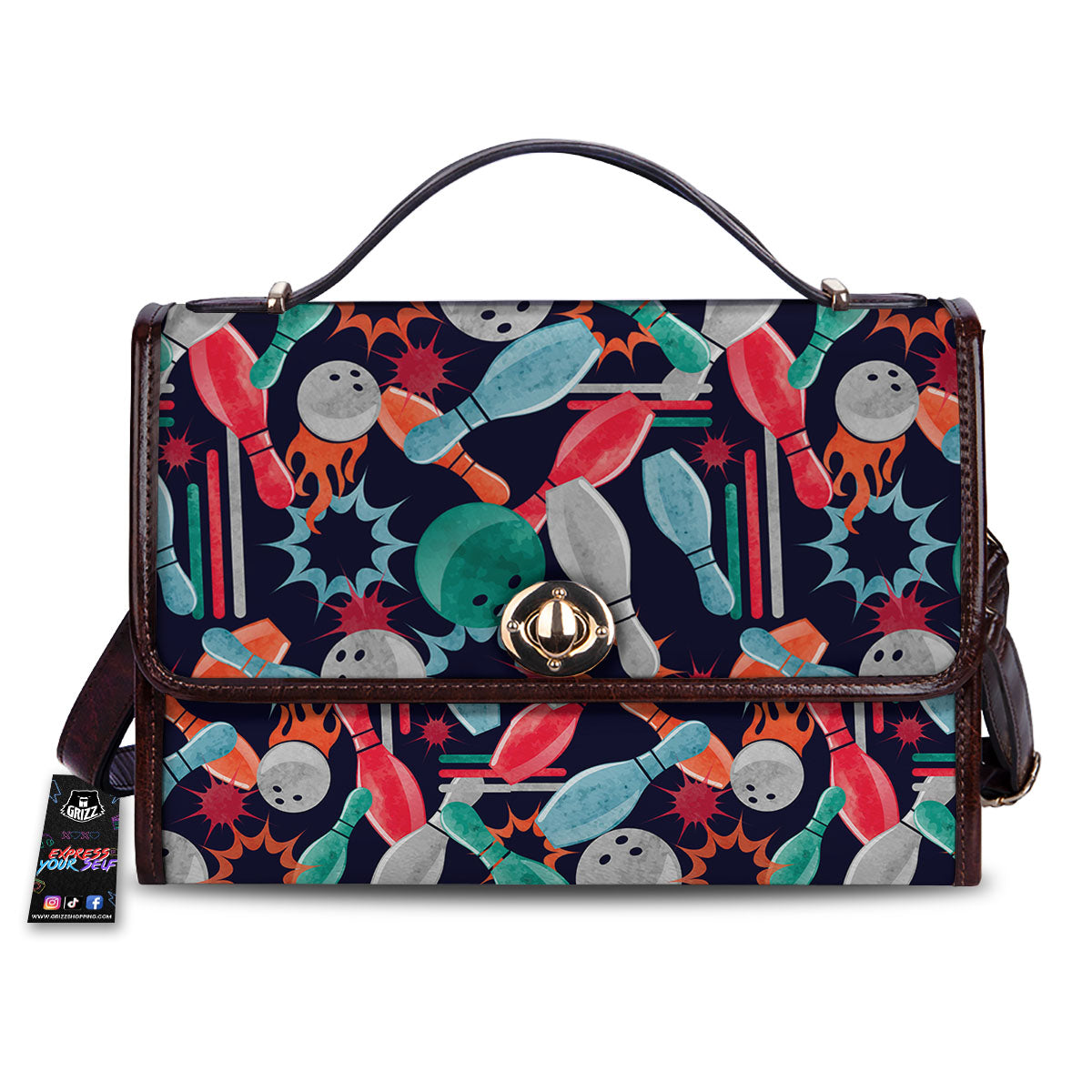 Bowling Theme Watercolor Print Pattern Women's Satchel Bag-grizzshop