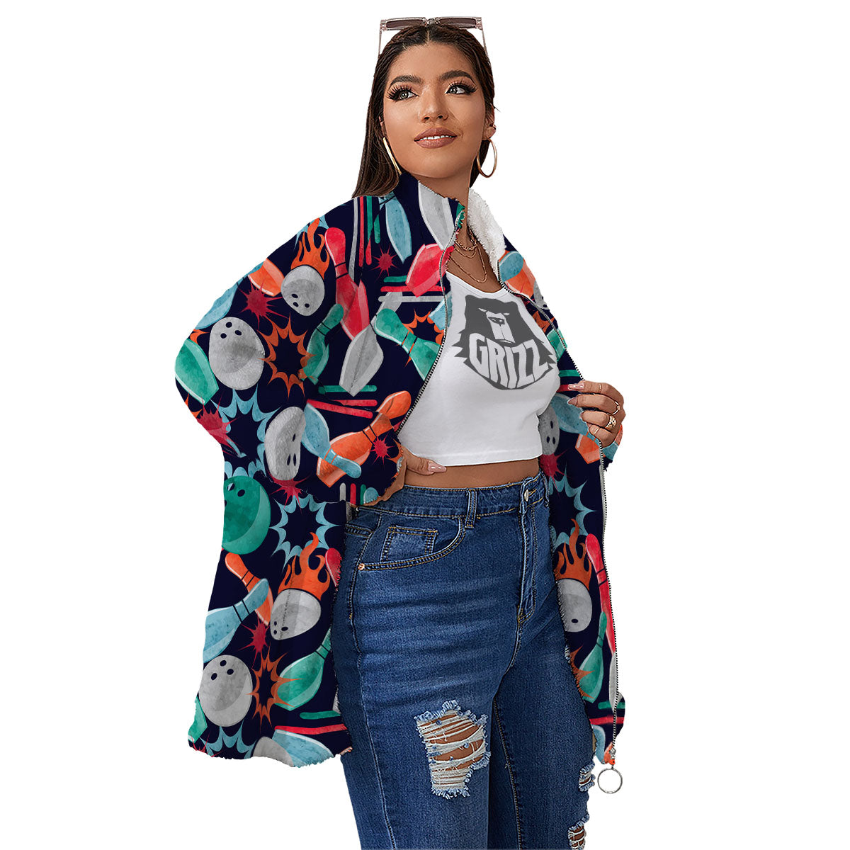 Bowling Theme Watercolor Print Pattern Women's Sherpa Jacket-grizzshop