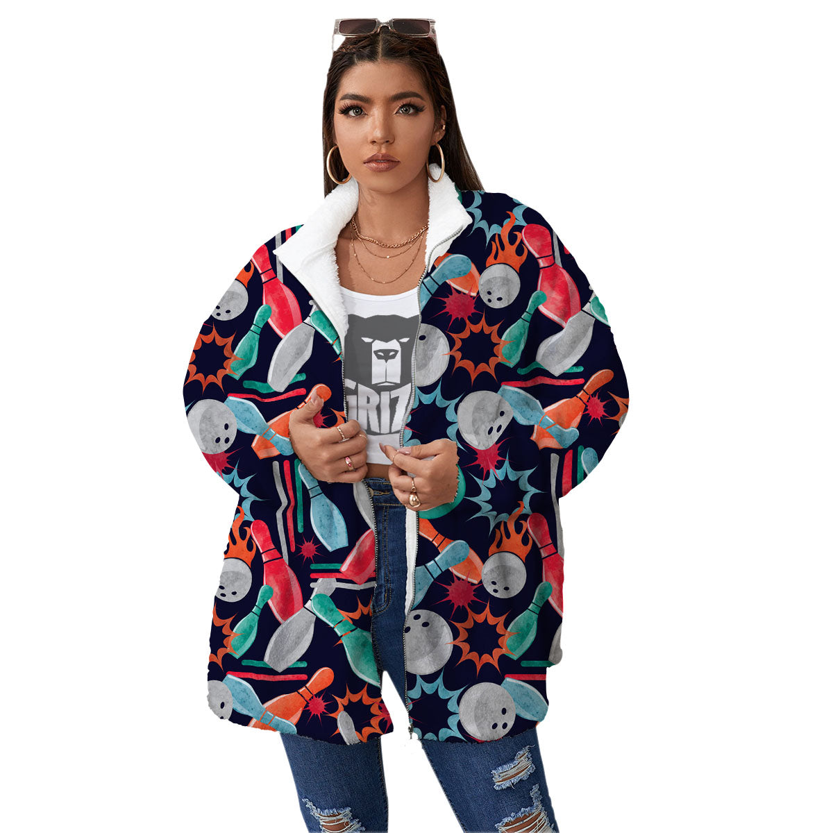 Bowling Theme Watercolor Print Pattern Women's Sherpa Jacket-grizzshop