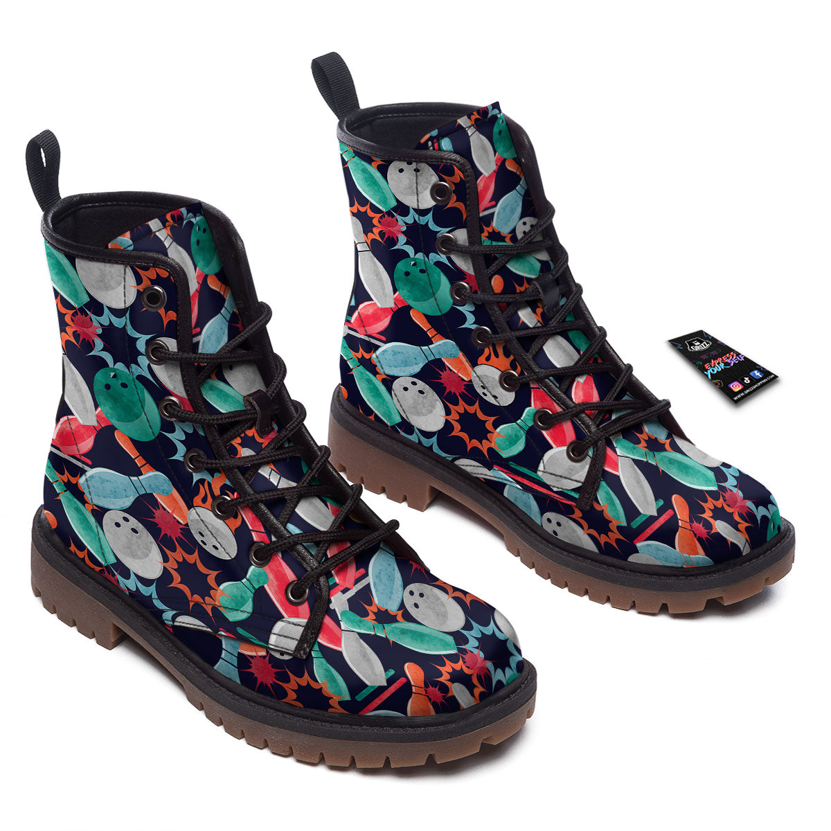 Bowling Theme Watercolor Print Pattern Work Boots-grizzshop