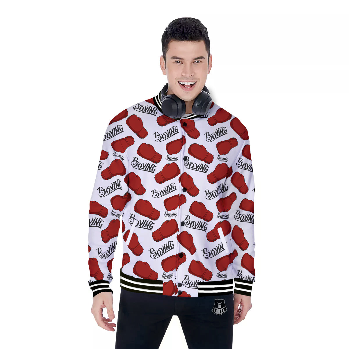 Boxing Glove And Text Print Pattern Baseball Jacket-grizzshop