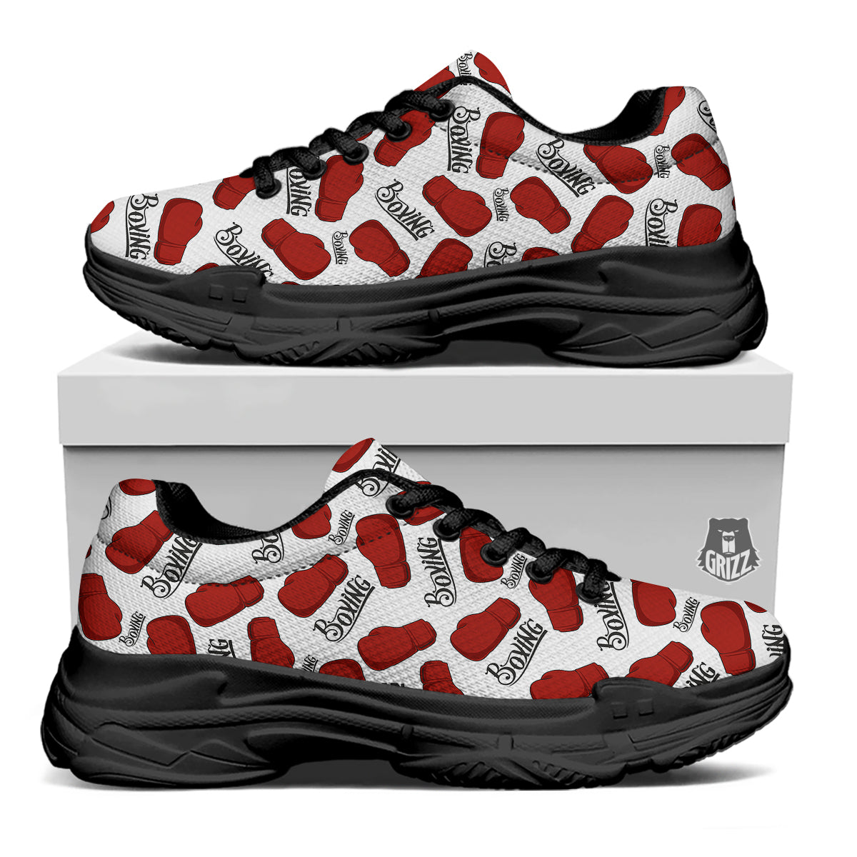 Boxing Glove And Text Print Pattern Black Chunky Shoes-grizzshop