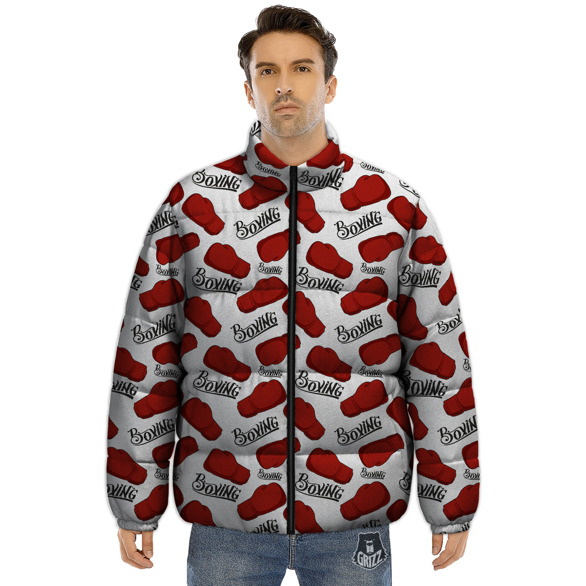 Boxing Glove And Text Print Pattern Puffer Jacket-grizzshop