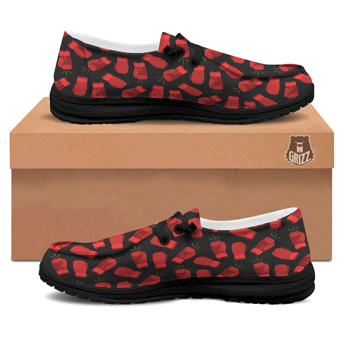 Boxing Gloves Red Print Pattern Black Loafers-grizzshop