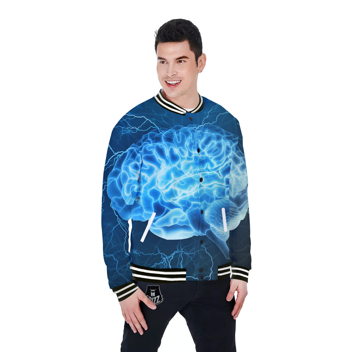 Brain Activity Blue Electrical Print Baseball Jacket-grizzshop