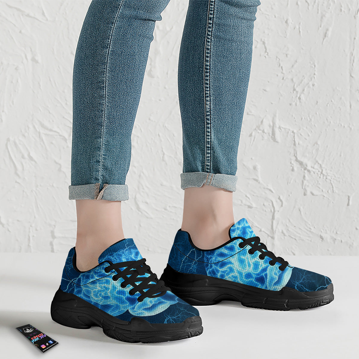 Brain Activity Blue Electrical Print Black Chunky Shoes-grizzshop