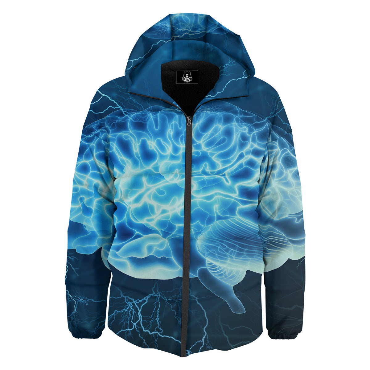 Brain Activity Blue Electrical Print Down Jacket-grizzshop