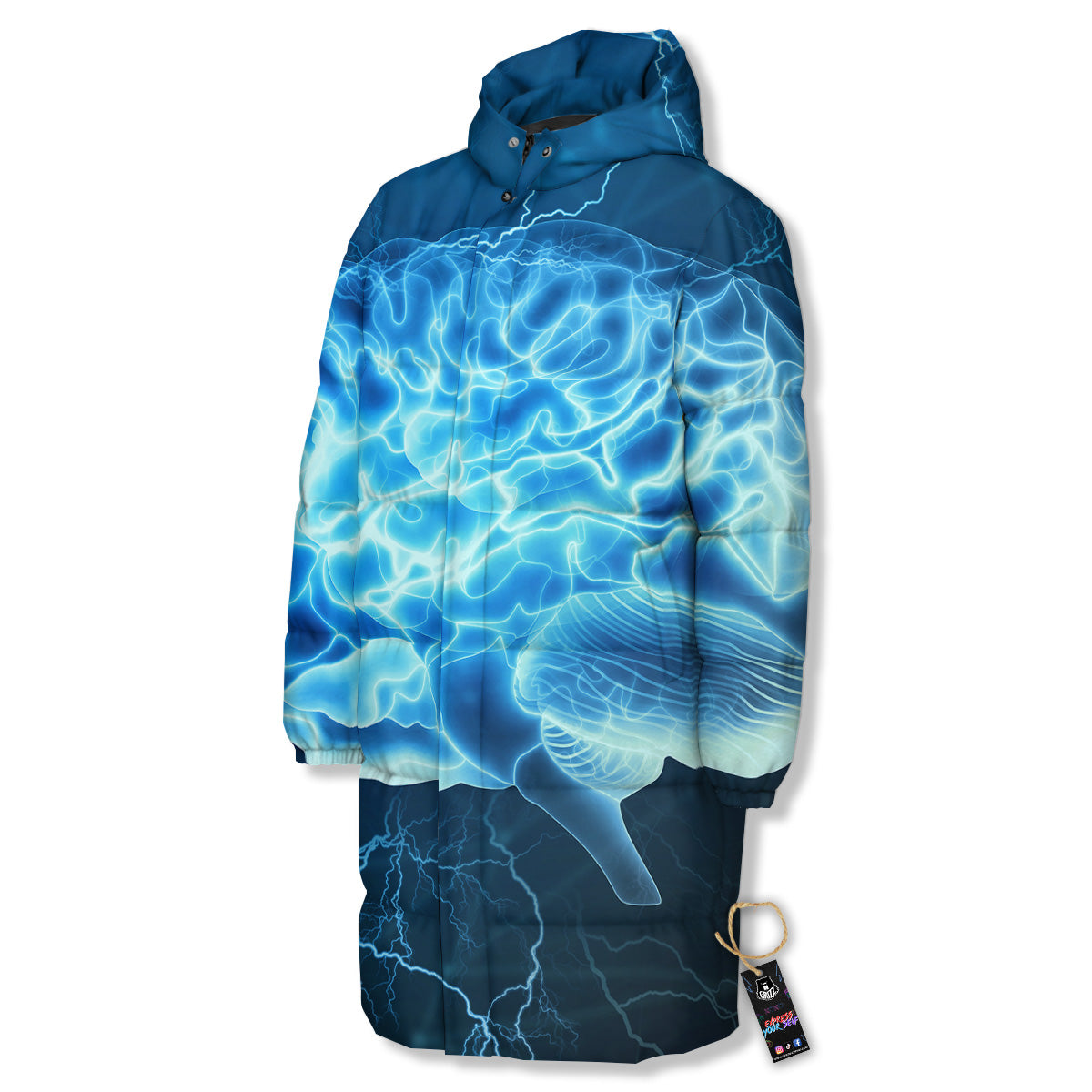 Brain Activity Blue Electrical Print Long Down Jacket-grizzshop