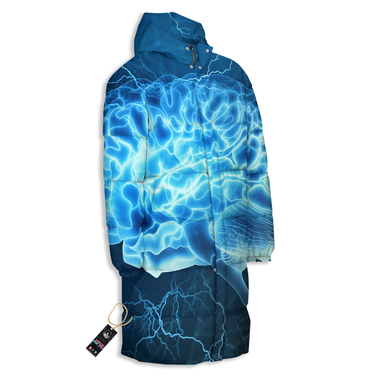 Brain Activity Blue Electrical Print Long Down Jacket-grizzshop