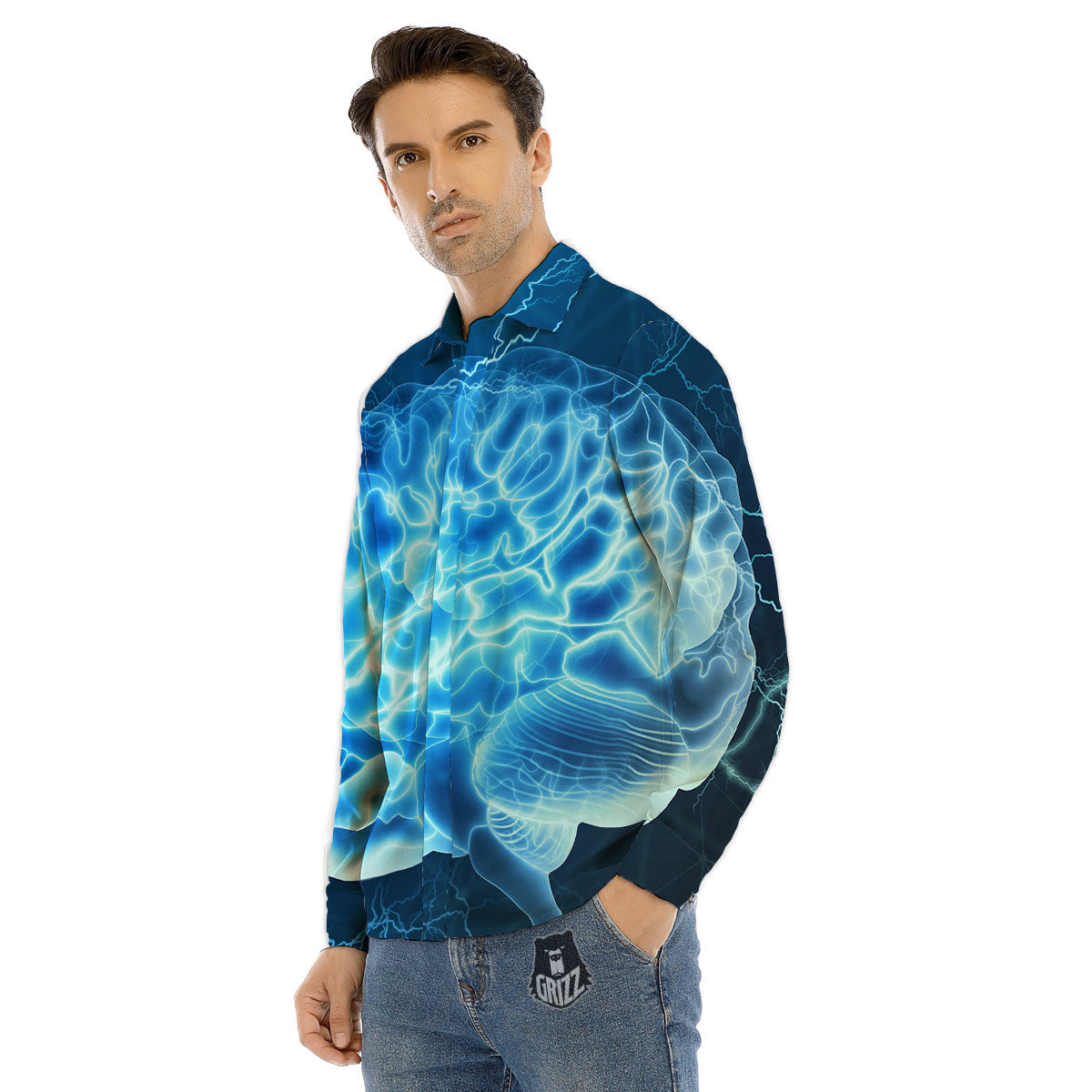 Brain Activity Blue Electrical Print Men's Dress Shirts-grizzshop
