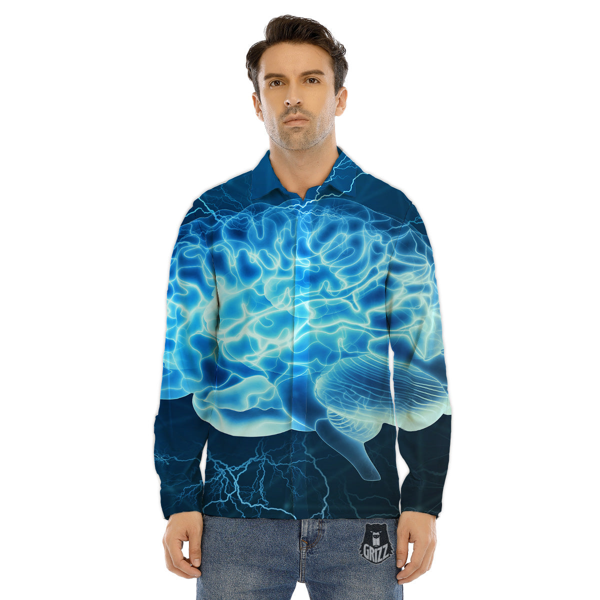 Brain Activity Blue Electrical Print Men's Dress Shirts-grizzshop