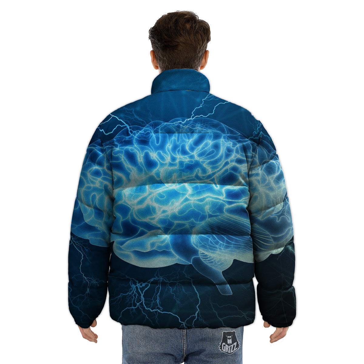 Brain Activity Blue Electrical Print Puffer Jacket-grizzshop