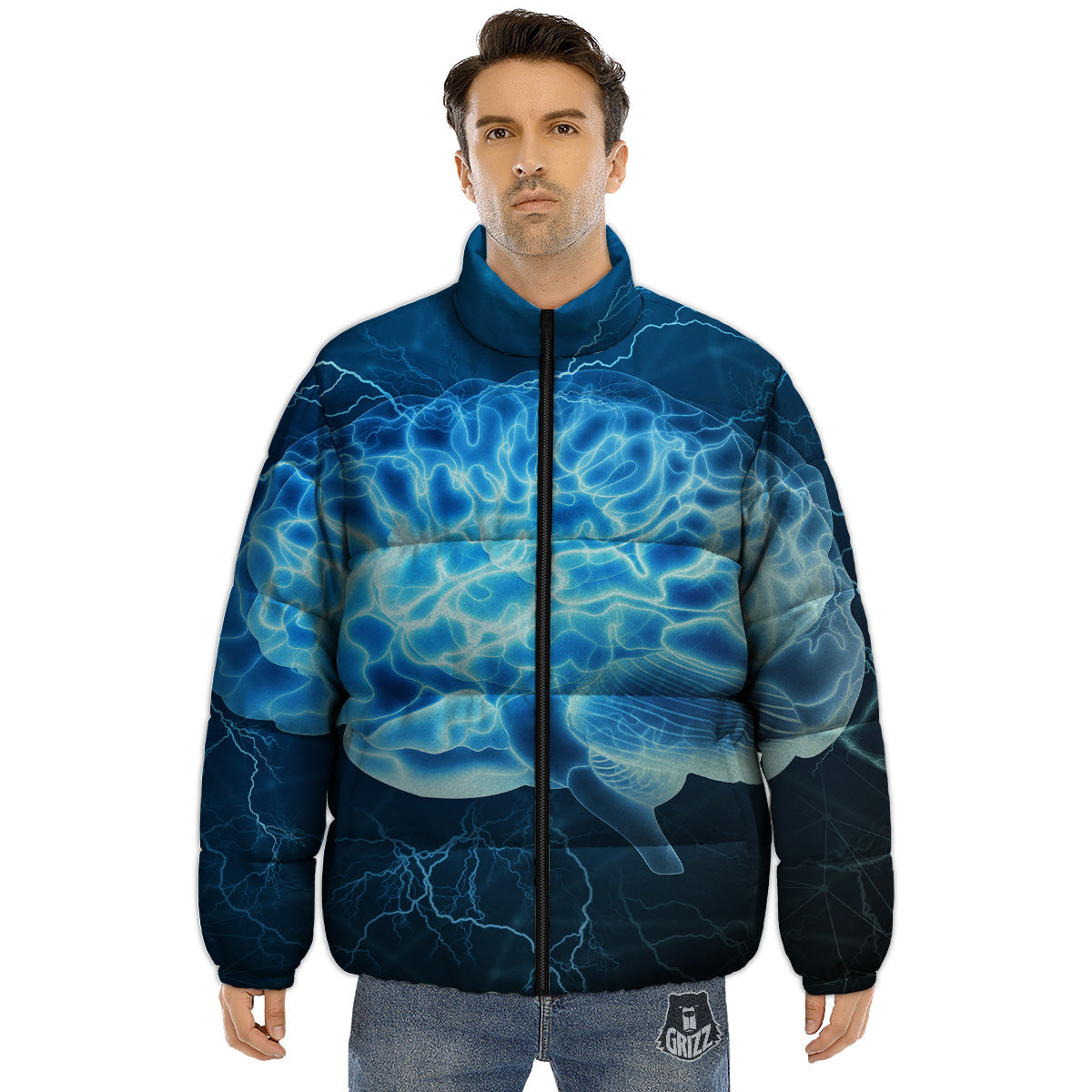 Brain Activity Blue Electrical Print Puffer Jacket-grizzshop