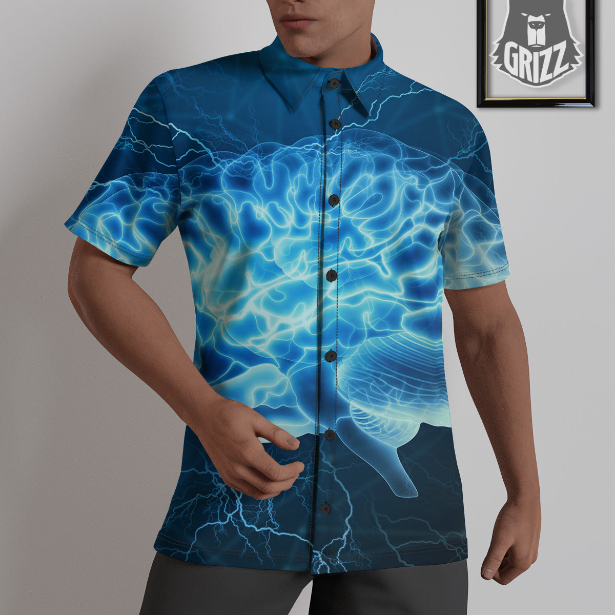 Brain Activity Blue Electrical Print Untucked Shirts-grizzshop