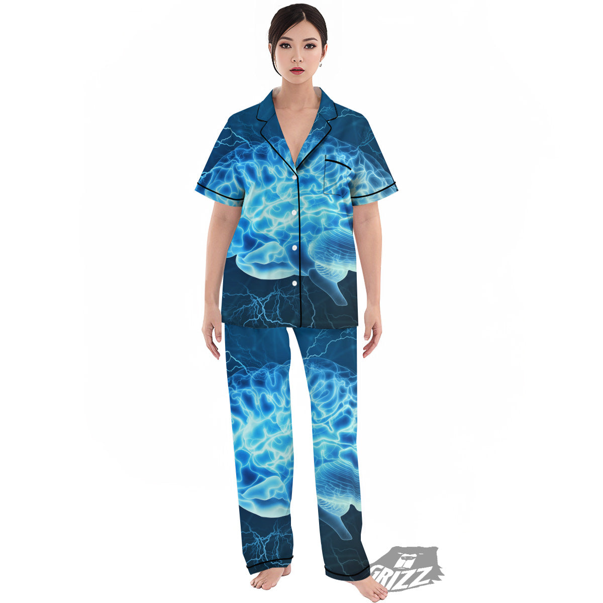 Brain Activity Blue Electrical Print Women's Pajamas Set-grizzshop