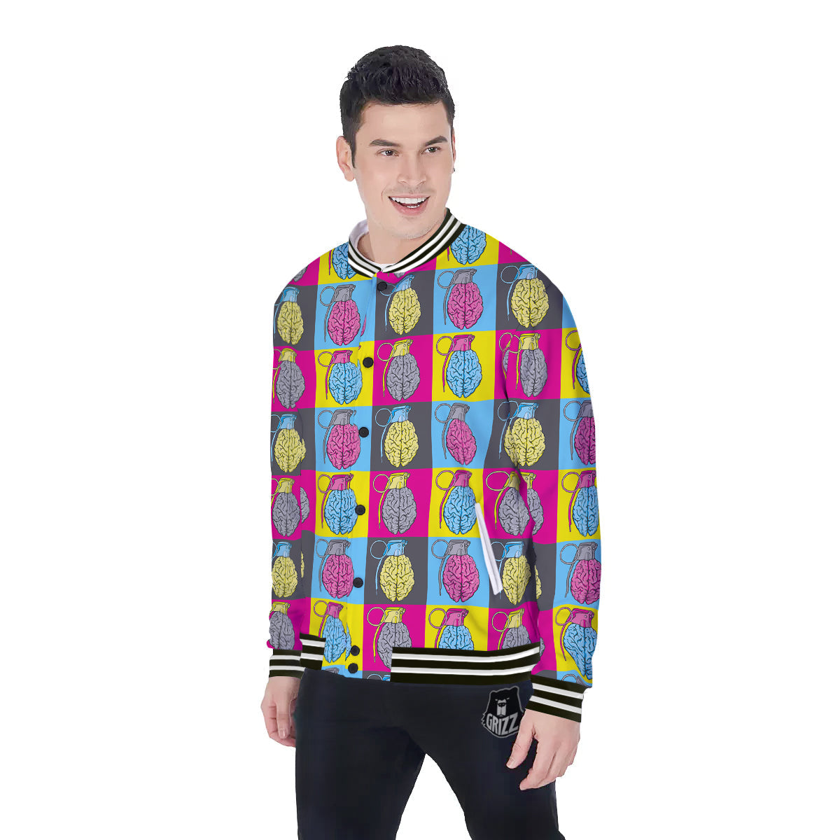 Brain Bomb Colorful Print Pattern Baseball Jacket-grizzshop