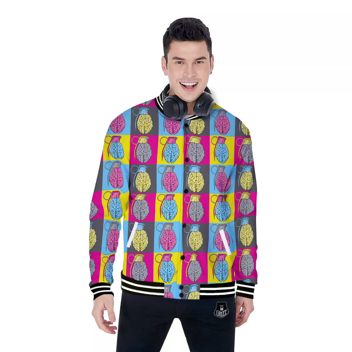Brain Bomb Colorful Print Pattern Baseball Jacket-grizzshop